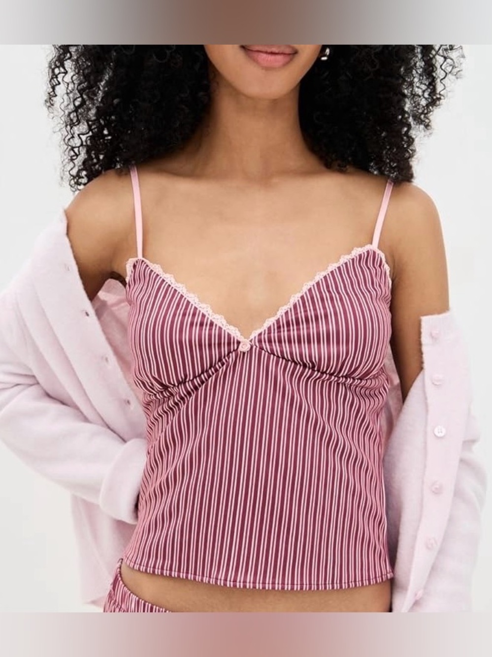 Bella Venice Pink Striped Lace-Trim Cami Top, size Medium
